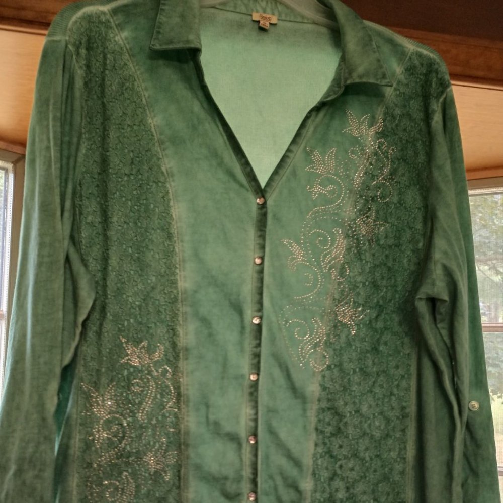 EUC Reba 3X Turquoise Grn Button-down (Rhinestone Snap Btns) w/Collar l/s Shirt